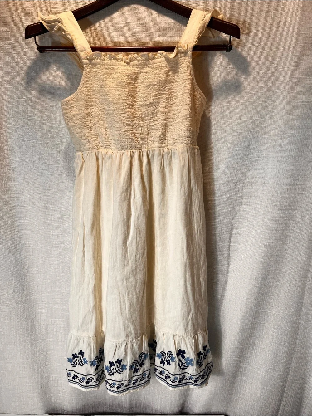 Old Navy Cream Sundress with Navy Floral Hem Embroidery